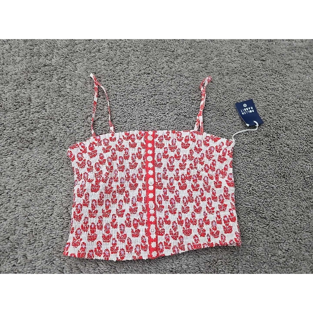 Roller Rabbit Cami Crop Top Womens XS Red White Floral Smocked Summer Boho NEW